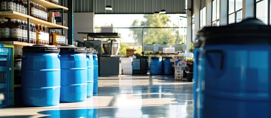 Chemical tank with black lid on the ground floor, blue plastic tank for used cooking oil in a restaurant. - obrazy, fototapety, plakaty