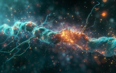 Conceptual illustration of neuron cells with glowing link knots in abstract dark space.