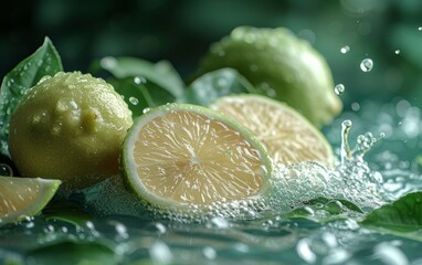 Fresh lime cut in half with water splashes.