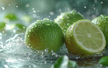 Fresh lime cut in half with water splashes.