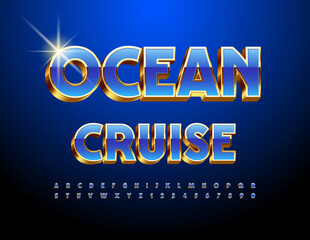 Vector elite banner Ocean Cruise. Set of elegant Alphabet Letters and Numbers. Blue and Gold elite Font