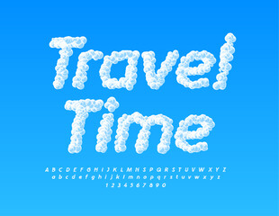 Vector trendy logotype Travel Time. Sky texture Font. Cloud style Alphabet Letters and Numbers.