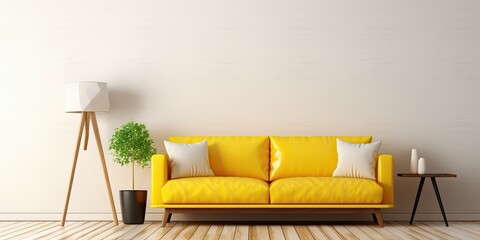 Modern style living room with yellow sofa, wooden side table, and white ceiling lamp on wooden floor.