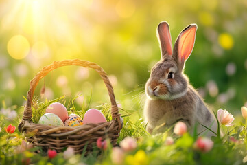 Fototapeta na wymiar Cute Easter rabbit with basket of colorful eggs and spring flowers on green grass. Little bunny in the meadow. Happy Easter celebration concept. Design for banner, greeting card, postcard