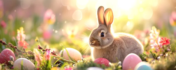 Foto op Aluminium Cute Easter rabbit with decorated eggs and spring flowers on green grass at sunny day. Little bunny in the meadow. Happy Easter celebration concept. Design for banner, greeting card, postcard © Melanthe