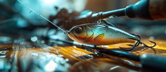 Using a spinning rod and reel, lures are spun on a wooden texture. - obrazy, fototapety, plakaty