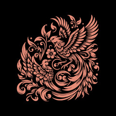 bird with vintage floral ornamet vector illustration, shirt design template