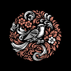 bird with vintage floral ornamet vector illustration, shirt design template