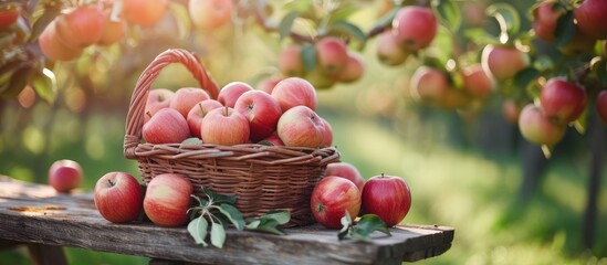 Apples in a basket on a table in an orchard