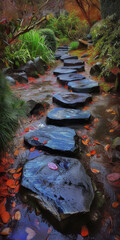 some stones lead down a path in a garden, generative AI