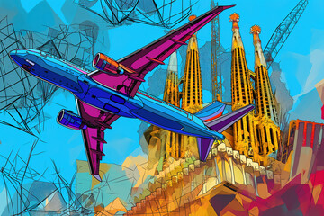 Sagrada Familia and plane illustration pop art cartoon postcard colorful, travel Spain Barcelona Europe