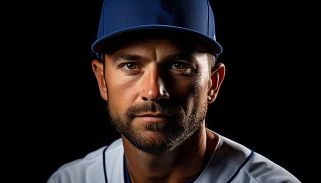 Confident young athlete in baseball uniform, determined and smiling generated by AI