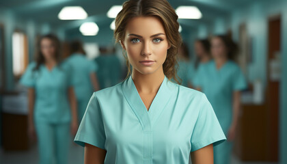 Fototapeta premium Confident surgeon and nurse working in hospital, focused and smiling generated by AI