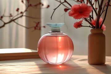 Perfume bottle on pink water splash background. 3d rendering. Skincare cosmetic bottle