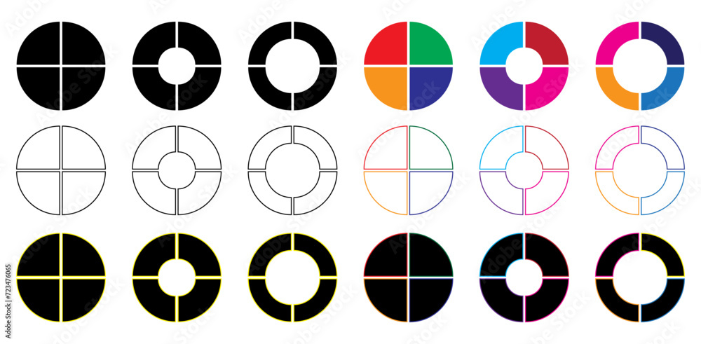 Poster vector set of four parts of a circle. pie chart with four same size sectors on a white background.