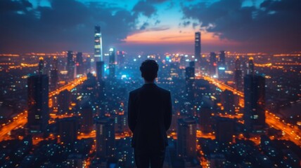 Photo of a confident businessperson standing at the top of a skyscraper, overlooking the city skyline. 