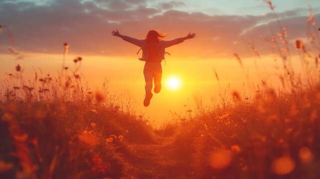 Photo of a person leaping high on a hilltop at sunrise, arms outstretched,