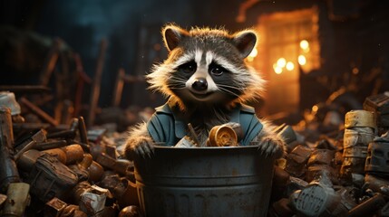 A mischievous raccoon rummaging through a trash can - obrazy, fototapety, plakaty