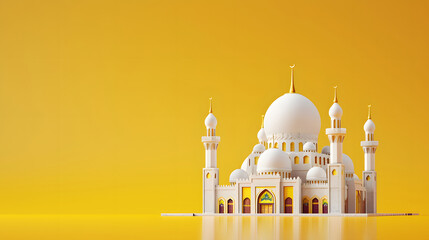 Miniature mosque isolated on yellow background. for islamic celebration day ramadan kareem or eid al fitr adha. copy space, mockup. front view.