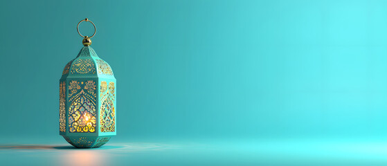 3D Arabic lantern ramadan on turquoise background. copy space concept, mock up.
