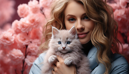 Smiling woman embraces cute kitten, radiating love and happiness generated by AI