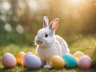 Fototapeta na wymiar Cute Bunny with Colorful eggs on the grass, Easter holiday background, realistic, real, photography, cinematic golden light, basket, space for text, happy easter.