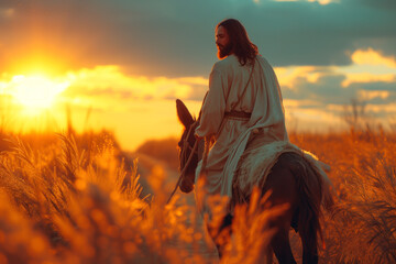 Portrait of Jesus of Nazareth, The Messiah arrives in Jerusalem riding a donkey towards a sunrise amidst a field of shrubs - obrazy, fototapety, plakaty