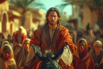 Jesus of Nazareth entering Jerusalem on a donkey on Palm Sunday, crossing the streets amid the crowd - obrazy, fototapety, plakaty