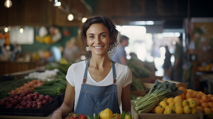 Obraz premium Farmer's Market. Smiling woman, stallholder, selling her products