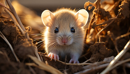 Cute small mammal sitting on branch, fluffy fur, alertness generated by AI