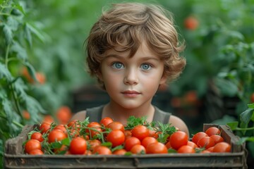 Fototapeta na wymiar A young boy embraces the natural goodness of locally-grown vegetables as he stands proudly in a crate overflowing with vibrant bush, cherry, and plum tomatoes, showcasing the power of whole foods and