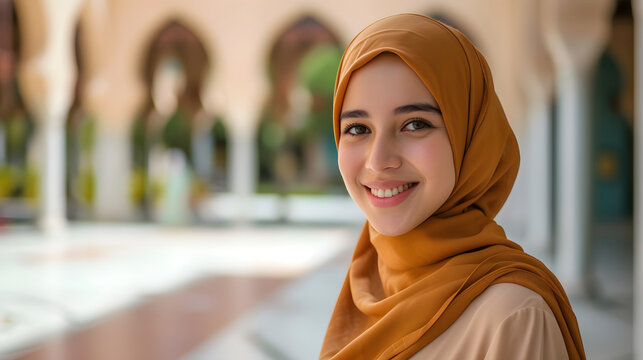 Close up portrait of beautiful muslim hijab women girl smile with copy space, mosque background