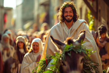 Jesus of Nazareth entering Jerusalem on a donkey on Palm Sunday, joy and smiles in the streets welcoming him - obrazy, fototapety, plakaty