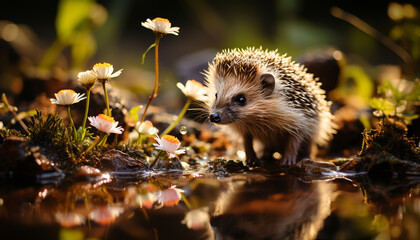 Naklejka premium Cute hedgehog in the wild, surrounded by green grass generated by AI
