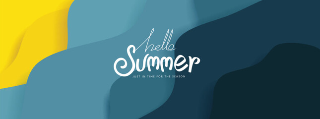 Blue sea and beach summer banner background with abstract blue ripple and calligraphy summer