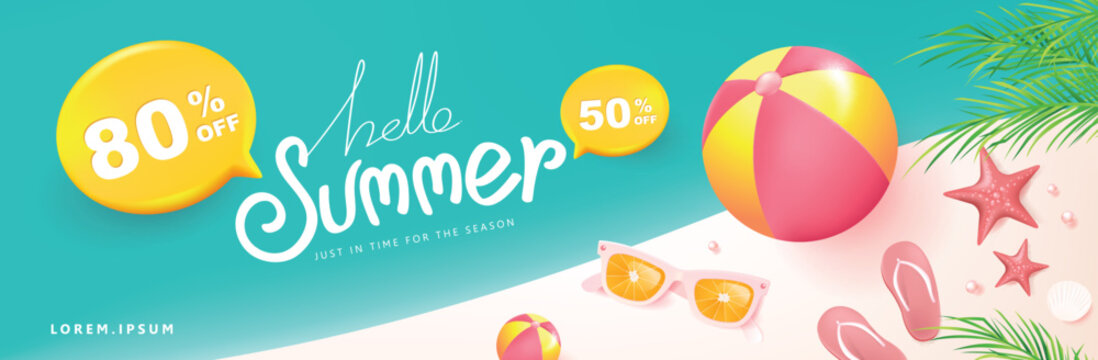 Colorful Summer sale promotion banner with beach vibes background layout banner design and calligraphy summer
