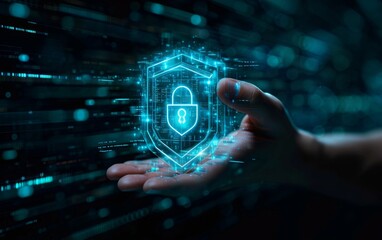 Fototapeta premium Digital Hand Presenting Cybersecurity Shield