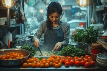 A passionate woman in a vibrant kitchen, surrounded by colorful produce and natural ingredients,...