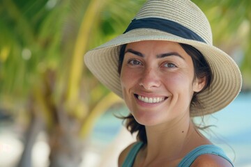 A woman wearing a hat and a straw hat smiles at the camera