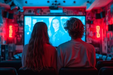 Fototapeta premium A couple lounging in their living room, surrounded by cozy indoor lighting and dressed in stylish red clothing, sway to the rhythm of the music playing on the television