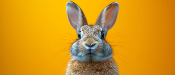 Close Up of Rabbits Face With Yellow Background - obrazy, fototapety, plakaty