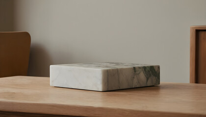 Fototapeta na wymiar A marble base on a wooden desk and a camouflaged room in the background