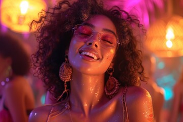 Obraz na płótnie Canvas A vibrant woman radiates joy and confidence as she rocks a playful magenta jheri curl and pink sunglasses, ready to dance the day away at a music festival adorned in glitter