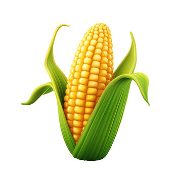 3d corn on the cob, green leaves isolated on transparent background