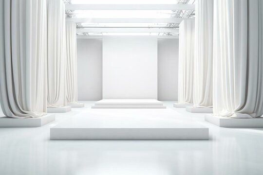Minimalistic fashion runway with an empty white podium for showcasing elegance and style. Generative AI