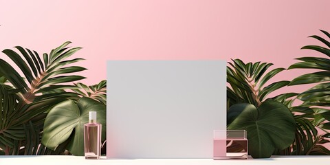 Empty space for displaying cosmetic product packaging on a white and pink background with palm leaves and shadows, used for advertising purposes. Mockup stand.