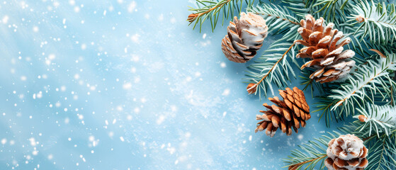 Pine Cones and Pine Needles on Blue Background