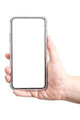 The male hand holding phone is isolated on a white background and isolated screen.