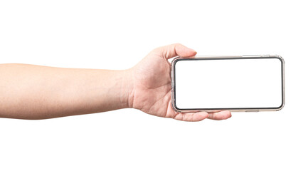 The male hand holding phone is isolated on a white background and isolated screen.