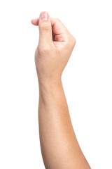 Male hand hold virtual business card, credit card or blank paper isolated on white background.